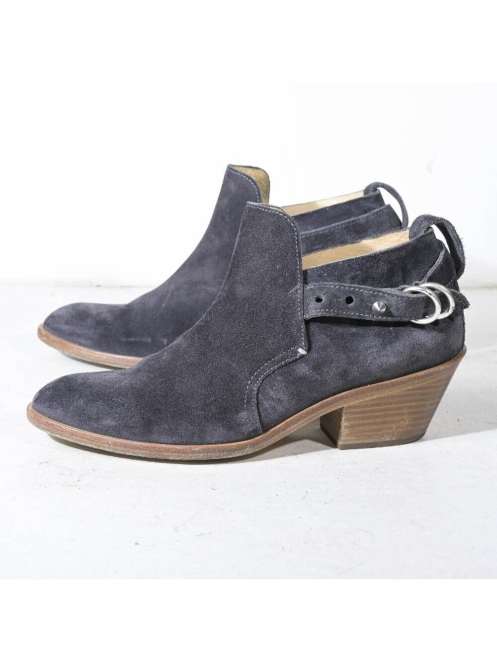 Rag & Bone Western Ankle Bootie Shootie Gray Suede Mid Block Heel Strap Detail M - Picture 1 of 7